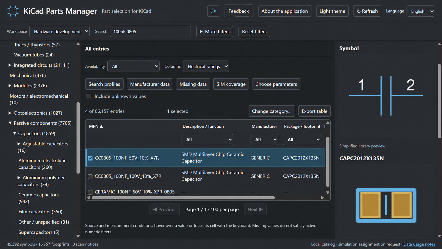 Open a category, select a candidate and inspect its symbol and footprint.