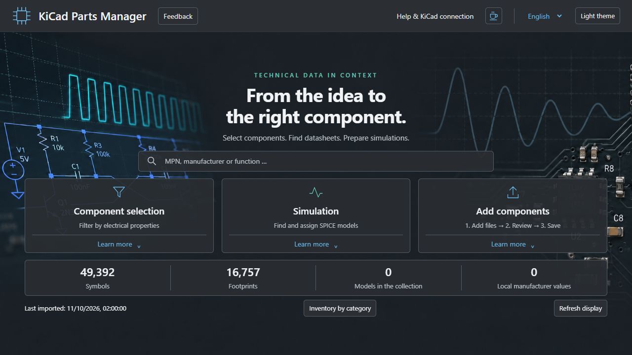 Application start screen: choose Component selection, Simulation, or Add components